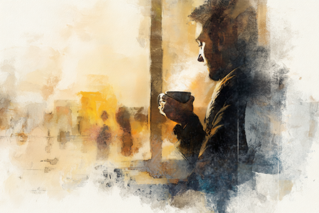 Person holding steaming mug of coffee, looking thoughtful