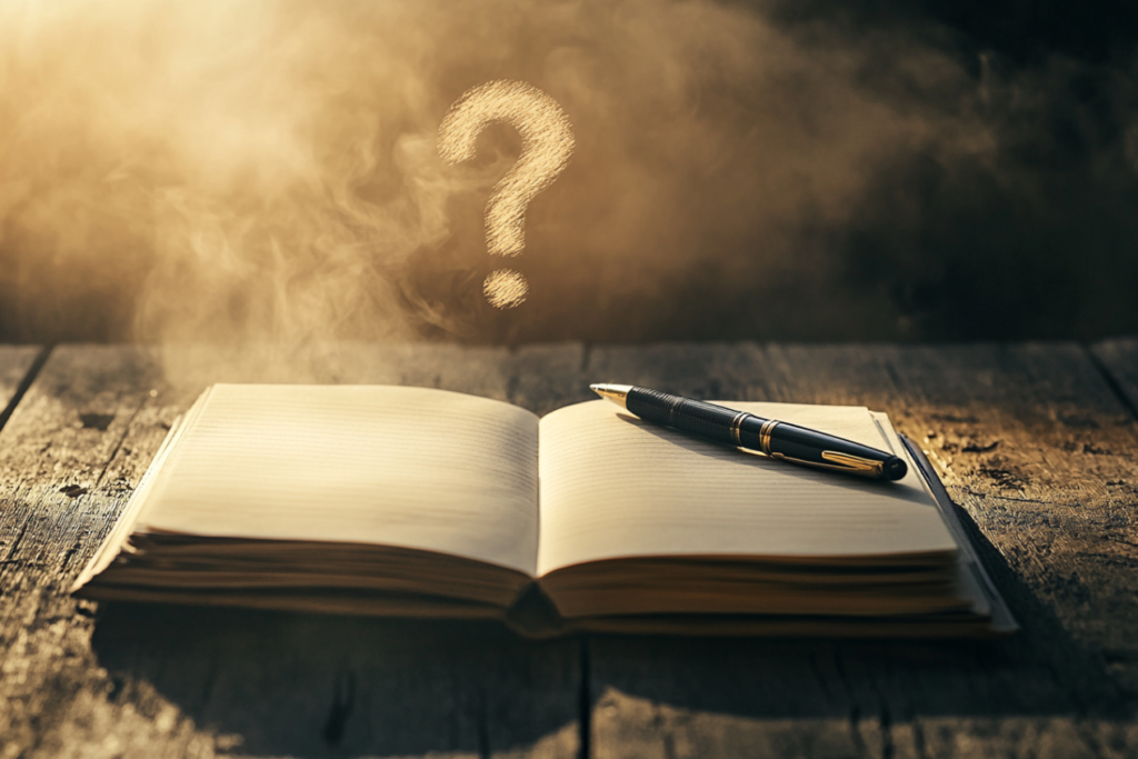 Open notebook and pen with a question mark floating above
