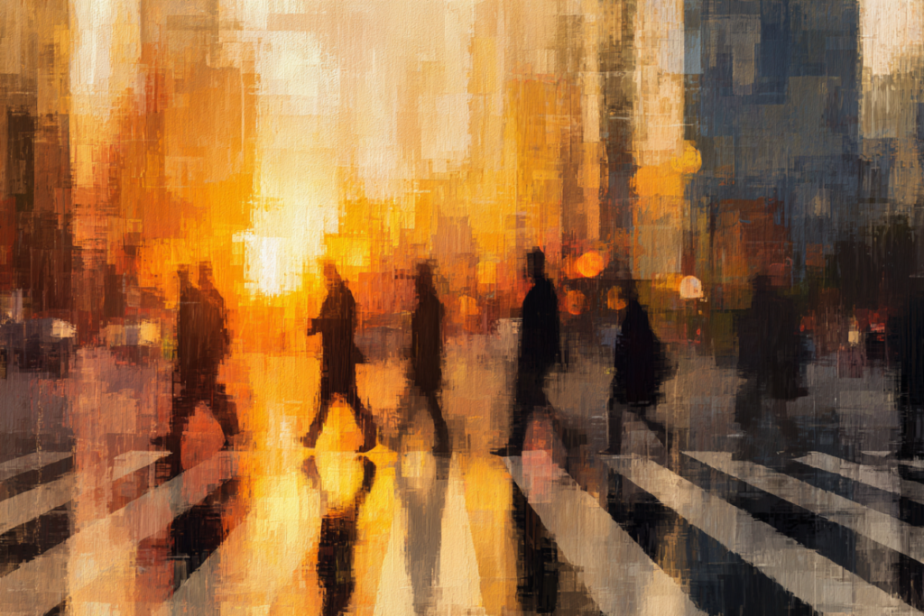 Silhouettes of people walking across a city crosswalk at sunset.