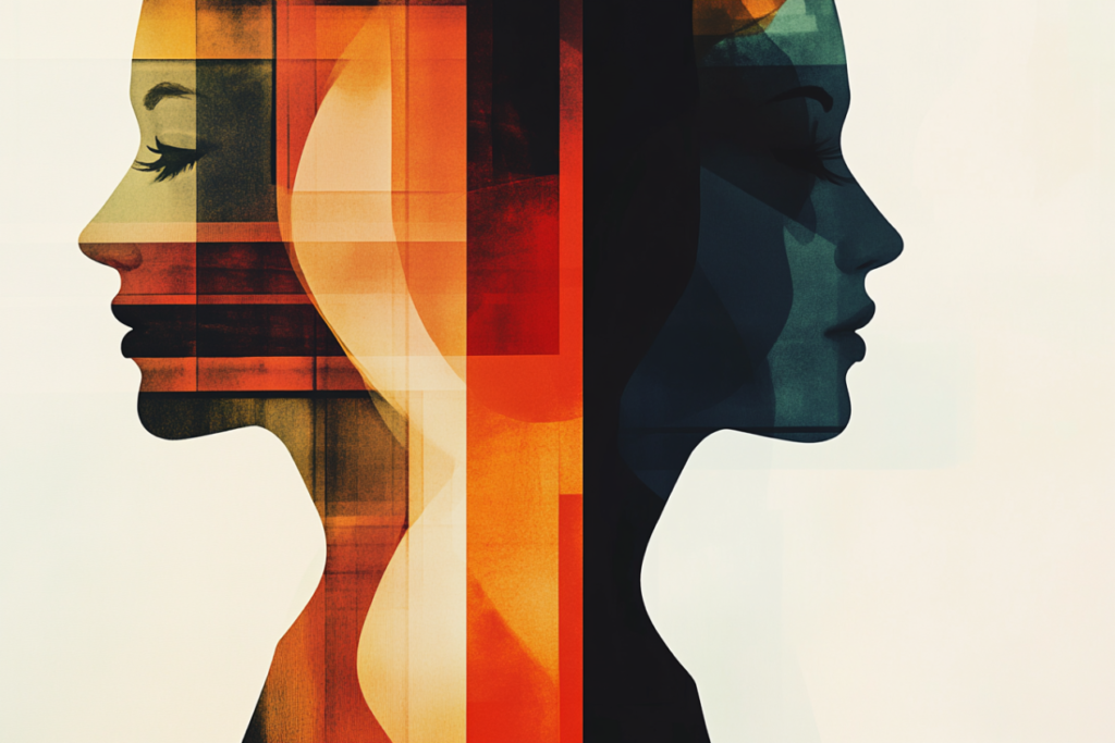 Two overlapped face silhouettes facing opposite directions in warm tones.